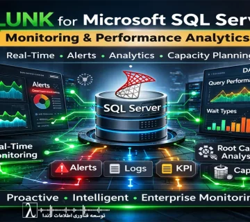 Splunk, Microsoft SQL Server, مانیتورینگ SQL Server, SQL Server Monitoring, Splunk Monitoring, Performance Monitoring, پایش عملکرد دیتابیس, Database Performance, SQL Server Performance Tuning, Query Optimization, Execution Plan, Extended Events, SQL Profiler, Query Store, Blocking Monitoring, Wait Types, TempDB Monitoring, Index Usage, Capacity Planning, Historical Analysis, Log Analysis, Error Log Monitoring, Windows Event Log, Performance Counters, Universal Forwarder, Heavy Forwarder, Real Time Monitoring, Alert Management, Intelligent Alerts, KPI Monitoring, DevOps Monitoring, DBA Tools, Infrastructure Monitoring, Cross Platform Correlation, Root Cause Analysis, Enterprise Monitoring, Trend Analysis, IT Operations, Database Observability, SIEM Integration, SQL Server Alerting, Disk I/O Monitoring, CPU Monitoring SQL Server, Memory Pressure SQL Server, Monitoring Dashboard, IT Infrastructure Analytics