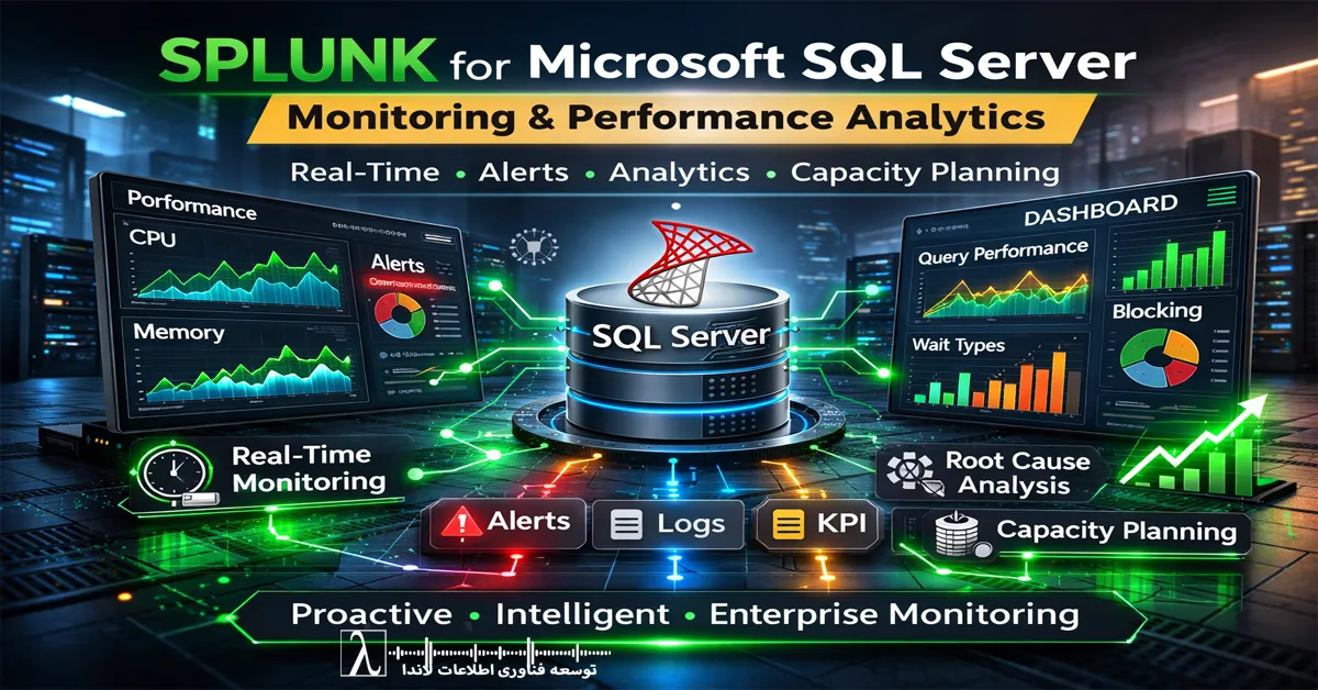 Splunk, Microsoft SQL Server, مانیتورینگ SQL Server, SQL Server Monitoring, Splunk Monitoring, Performance Monitoring, پایش عملکرد دیتابیس, Database Performance, SQL Server Performance Tuning, Query Optimization, Execution Plan, Extended Events, SQL Profiler, Query Store, Blocking Monitoring, Wait Types, TempDB Monitoring, Index Usage, Capacity Planning, Historical Analysis, Log Analysis, Error Log Monitoring, Windows Event Log, Performance Counters, Universal Forwarder, Heavy Forwarder, Real Time Monitoring, Alert Management, Intelligent Alerts, KPI Monitoring, DevOps Monitoring, DBA Tools, Infrastructure Monitoring, Cross Platform Correlation, Root Cause Analysis, Enterprise Monitoring, Trend Analysis, IT Operations, Database Observability, SIEM Integration, SQL Server Alerting, Disk I/O Monitoring, CPU Monitoring SQL Server, Memory Pressure SQL Server, Monitoring Dashboard, IT Infrastructure Analytics