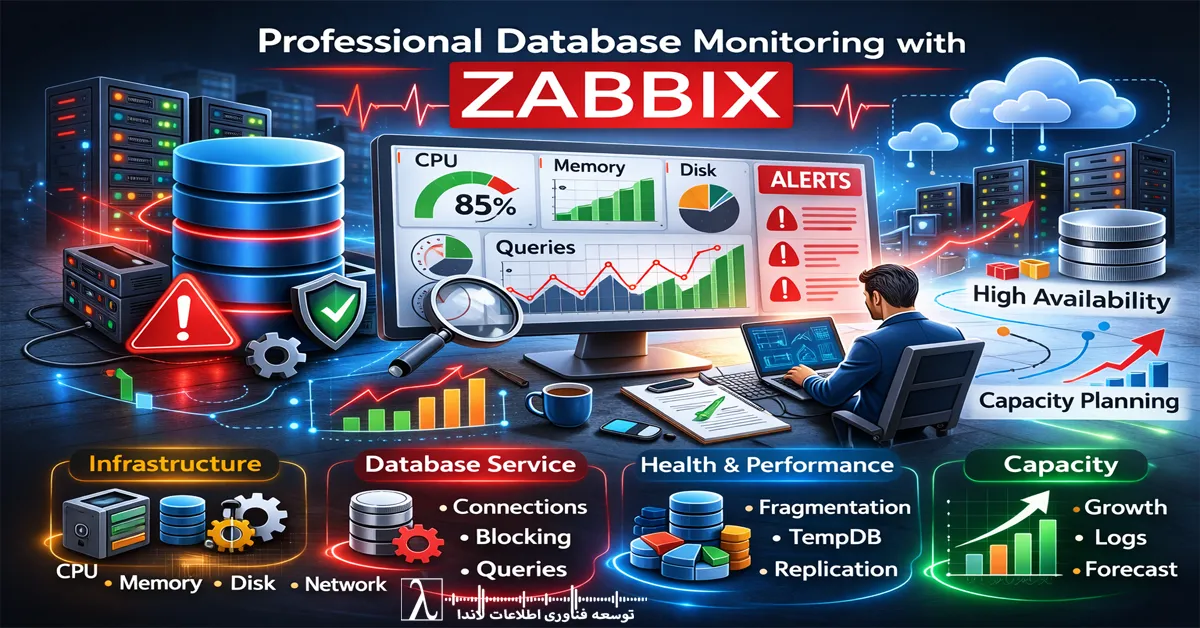 Database Monitoring, Zabbix Configuration, Infrastructure Monitoring, SQL Server Monitoring, DBA Best Practices, Professional Database Monitoring with Zabbix, Zabbix Alert Threshold Configuration, Database Capacity Planning, Monitor SQL Server Performance, Zabbix Database Templates Customization, Infrastructure vs Database Service Monitoring, Actionable Alerts for DBA, Prevent Database Downtime with Zabbix, Landa Team Zabbix Implementation, Database Health Check Metrics, مانیتورینگ دیتابیس، تنظیمات Zabbix، پایش زیرساخت، بهینهسازی دیتابیس، تیم لاندا، مانیتورینگ حرفهای دیتابیس با Zabbix، تنظیم آلرتهای کاربردی در Zabbix، چکلیست مانیتورینگ SQL Server، پایش سلامت داخلی دیتابیس، ظرفیتسنجی و رشد دیتابیس، اشتباهات رایج در مانیتورینگ سرور، مانیتورینگ لایه کوئری و تراکنش، مشاوره پیادهسازی Zabbix توسط تیم لاندا، تفاوت مانیتورینگ زیرساخت و سرویس دیتابیس، جلوگیری از کندی دیتابیس با پایش صحیح