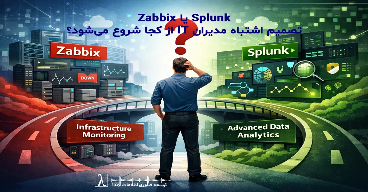 Splunk vs Zabbix, انتخاب ابزار مانیتورینگ, استراتژی IT Monitoring, Observability, مشاوره زیرساخت IT, تحلیل لاگ, مانیتورینگ سرور