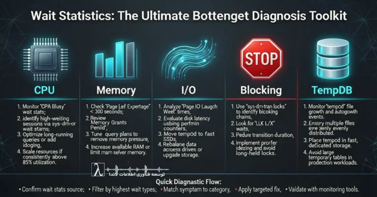 SQL Server Bottleneck, تشخیص گلوگاه SQL Server, کندی SQL Server, رفع کندی دیتابیس, بهینه سازی SQL Server, Wait Stats SQL Server, Performance Tuning SQL Server, تحلیل عملکرد SQL Server, DBA, مشکل سرعت SQL ServerSQL Server Bottleneck, تشخیص گلوگاه SQL Server, کندی SQL Server, رفع کندی دیتابیس, بهینه سازی SQL Server, Wait Stats SQL Server, Performance Tuning SQL Server, تحلیل عملکرد SQL Server, DBA, مشکل سرعت SQL Server