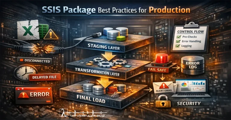 SSIS Package Production, آموزش SSIS عملی, طراحی حرفه‌ای SSIS, ETL در SQL Server, SSIS Best Practices, پیاده‌سازی SSIS در محیط عملیاتی