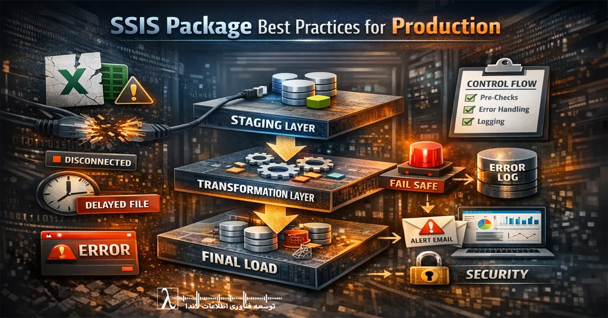SSIS Package Production, آموزش SSIS عملی, طراحی حرفه‌ای SSIS, ETL در SQL Server, SSIS Best Practices, پیاده‌سازی SSIS در محیط عملیاتی