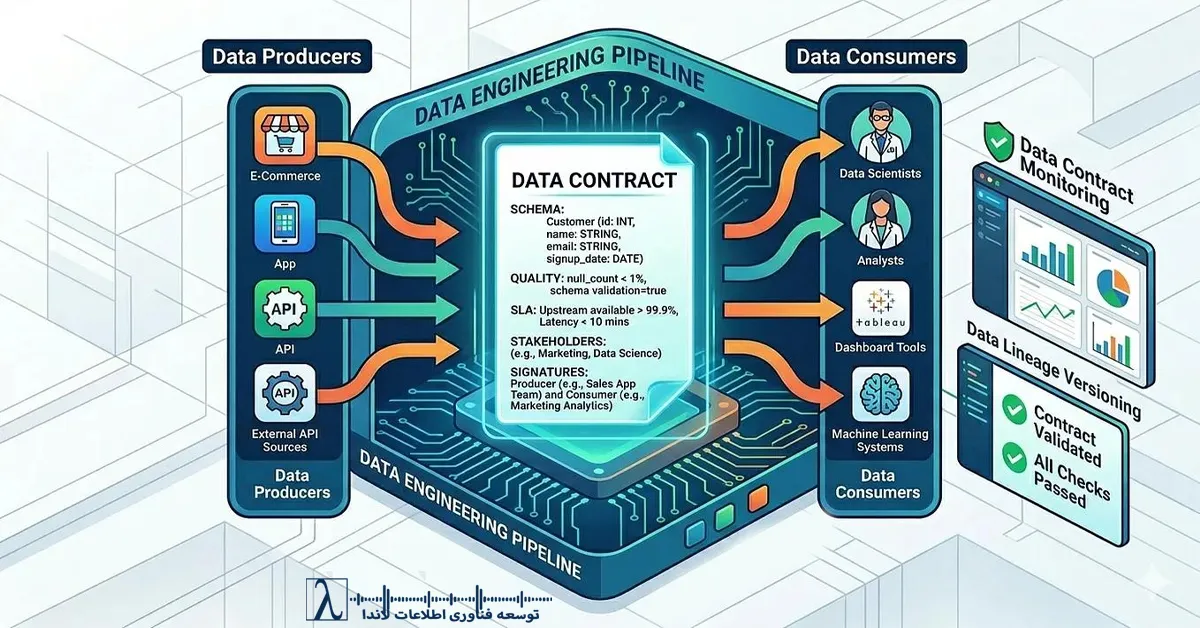 Data Contract, قرارداد داده, پیاده سازی Data Contract, Data Governance, Data Mesh, Data Architecture, Data Quality, Data Ownership, Data Pipeline, Schema Management, Versioning Data, CI/CD Data, Data Engineering, ETL Pipeline, BI Data Consistency, Data Platform, Data Validation, Data Testing, Breaking Change Data, Non Breaking Change, سازمان داده محور, مدیریت داده سازمانی, معماری داده مدرن