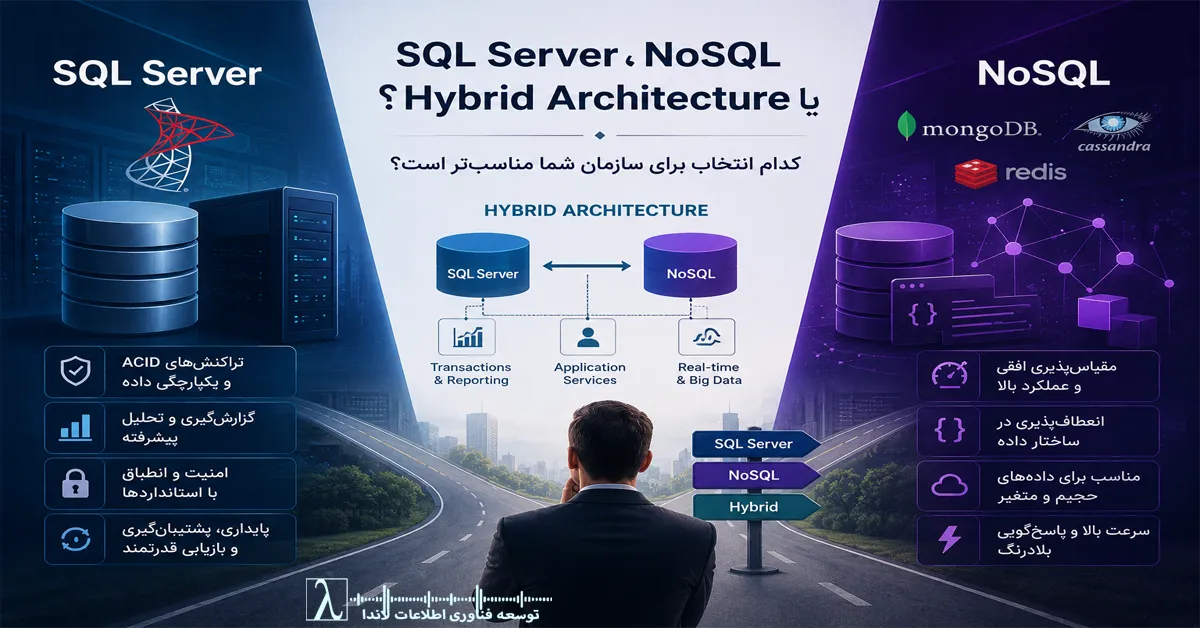 SQL Server یا NoSQL, SQL Server vs NoSQL, Hybrid Architecture, معماری هیبریدی, معماری داده سازمانی, Enterprise Data Architecture, Polyglot Persistence, پایگاه داده رابطه‌ای, پایگاه داده NoSQL, انتخاب پایگاه داده, Database Architecture, SQL Server, NoSQL Database, MongoDB, Redis, Cassandra, Graph Database, Document Database, مقایسه SQL Server و NoSQL, طراحی معماری داده, معماری مدرن داده, مقیاس‌پذیری پایگاه داده, معماری سازمانی, انتخاب فناوری داده, زیرساخت داده سازمانی