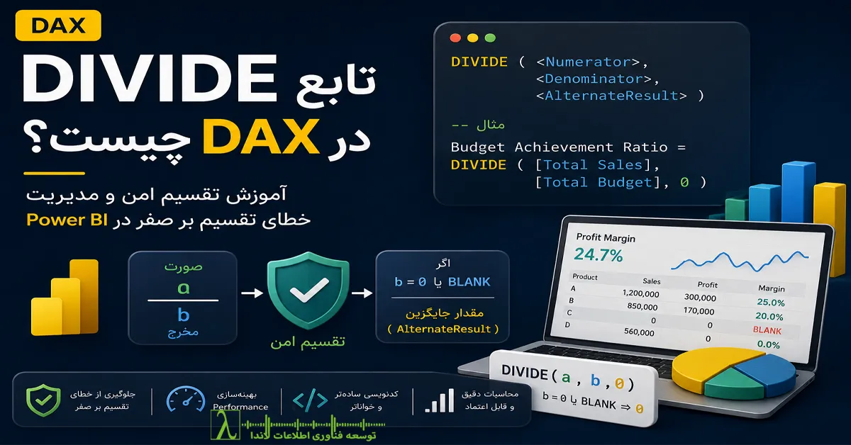 DIVIDE DAX, تابع DIVIDE در DAX, DIVIDE در Power BI, تقسیم بر صفر DAX, DAX Divide by Zero, DAX division operator, DIVIDE vs division operator, BLANK DAX, مدیریت BLANK در DAX, Alternate Result DAX, محاسبات درصدی Power BI, Profit Margin DAX, YoY Growth DAX, DAX Performance, DAX Best Practices